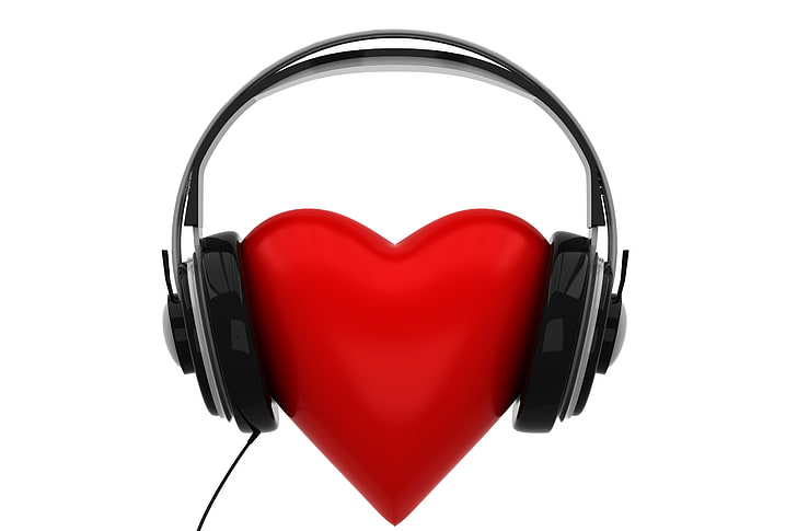 검은 색 유선 헤드폰 및 붉은 심장, 심장, 헤드폰, HD 배경 화면