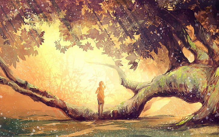 karya seni, wanita, pohon, alam, sinar matahari, gadis anime, seni fantasi, Wallpaper HD