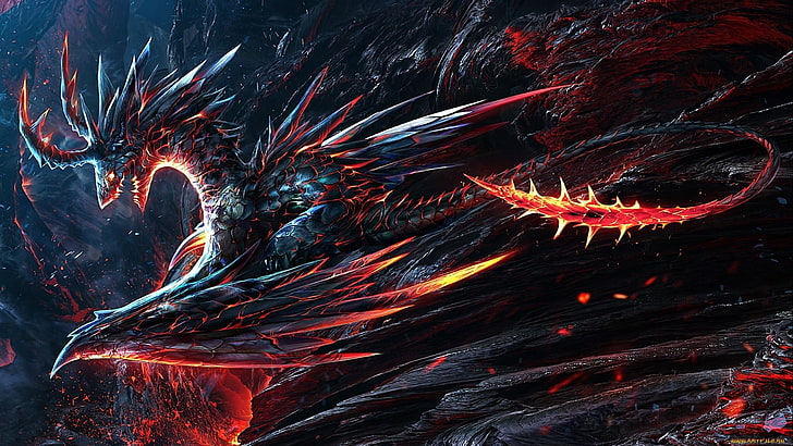 papel de parede digital dragão preto e vermelho, papel de parede digital dragão preto e vermelho, dragão, lava, arte da fantasia, fogo, criatura, HD papel de parede