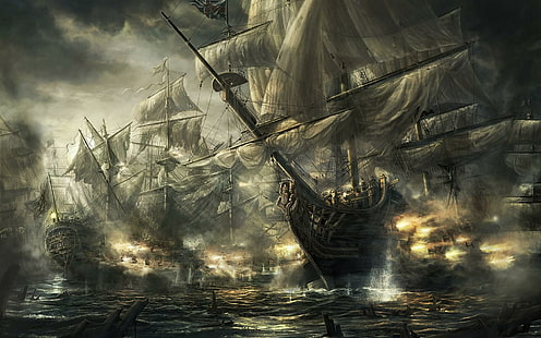 海賊船の戦い、灰色のガレオン船の図、難破船、戦い、敵、アクション、海賊、デジタルアート、海、火、ラドジャバー、出現、 HDデスクトップの壁紙 HD wallpaper