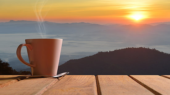 кафе, сутрин, изгрев, зора, чаша за кафе, панорама, изглед, HD тапет HD wallpaper
