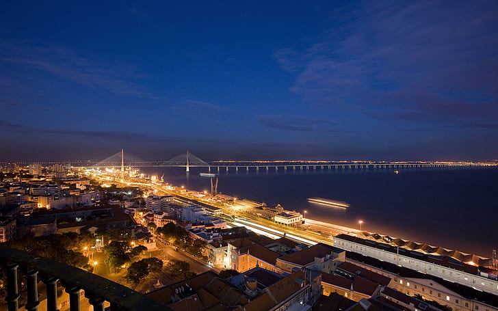 Големият пристанищен мост през нощта, светлини, крайбрежие, мост, град, нощ, природа и пейзажи, HD тапет