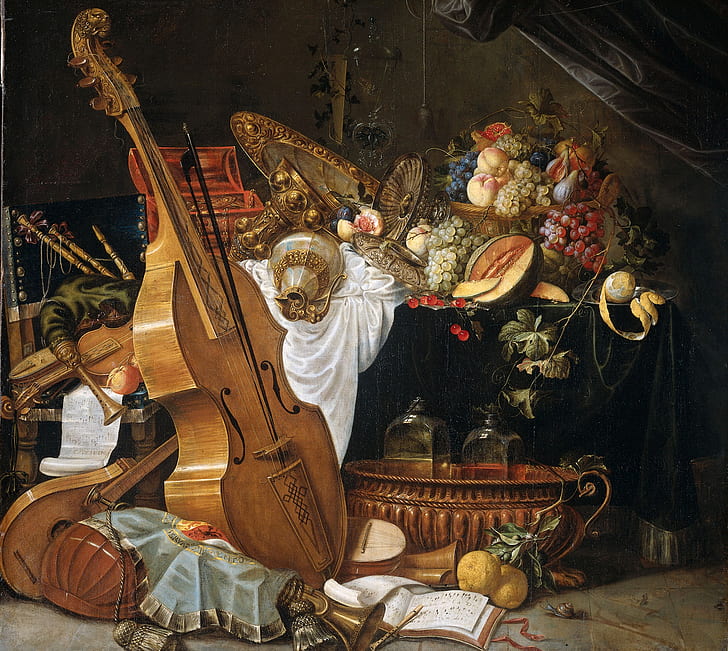 picture, fruit, Still life, musical instruments, Cornelis de hem, HD wallpaper