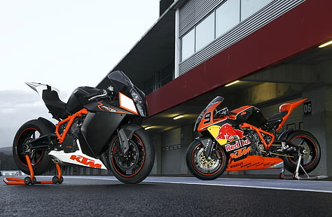 Zwei schwarz-orangefarbene KTM-Sportmotorräder, Motorrad, Red Bull, ktm, rc8, rc8r, HD-Hintergrundbild HD wallpaper