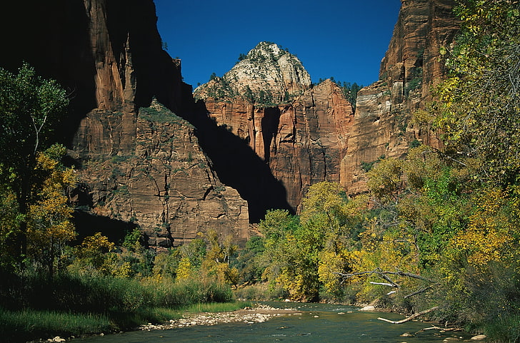 brown rock mountain, rocks, stones, mountain river, trees, autumn, branches, shade, HD wallpaper