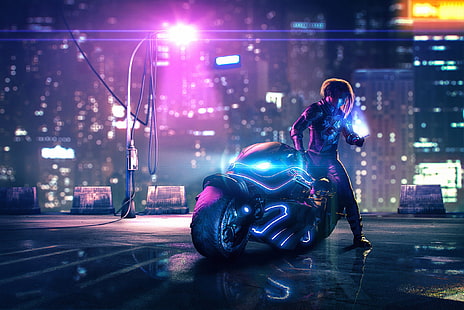 moto, véhicule, futuriste, œuvres d'art, ville, néon, nuit, cyberpunk, Fond d'écran HD HD wallpaper