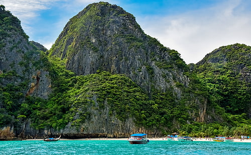 ピピ島、タイ、旅行、島、エキゾチック、ビーチ、自然、楽園、美しい、風景、ターコイズ、ボート、アジア、水、熱帯、山、タイ、休日、屋外、クリア、訪問、観光、アンダマンシー、ピピ、LongtailBoat、水景、 HDデスクトップの壁紙 HD wallpaper