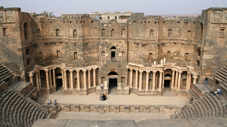 amphitheatre, historic site, ancient roman architecture, landmark, ancient history, syria, bosra, HD wallpaper