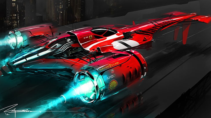 rotes und blaues Flugzeug, Fantasiekunst, Ferrari, Science Fiction, Fahrzeug, futuristisch, Grafik, HD-Hintergrundbild