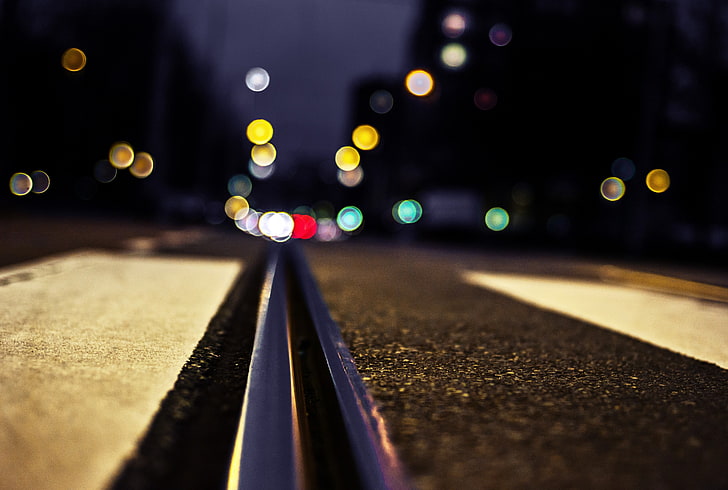 bokeh photography of road, low angle photography of road with bokeh lights background, urban, street, macro, HD wallpaper