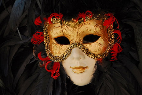 white and gold masquerade mask, mask, carnival, Venice, masquerade, HD wallpaper HD wallpaper