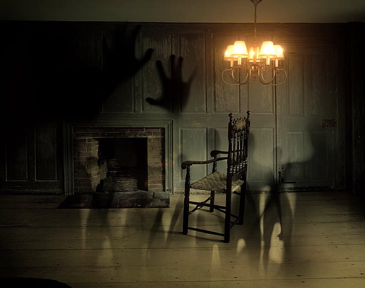 abstract, chair, creepy, door, fear, fireplace, ghosts, home, horror, irrational, lamp, light, living room, old, room, scary, shadows, souls, spirits, spooky, surreal, HD wallpaper