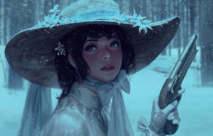 dziewczyna fantasy, półrealistyczna, pistolet, kapelusz, śnieg, niebieskie oczy, Fantasy, Tapety HD