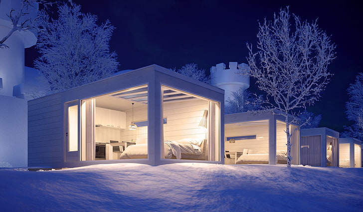 модерен, архитектура, природа, пейзаж, зима, сняг, нощ, светлини, кабина, дървета, Лапландия, Финландия, кула, хотел, HD тапет