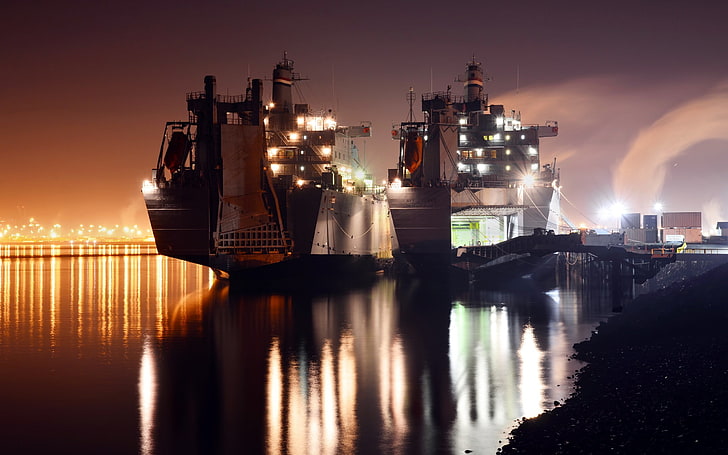 kapal kontainer, kendaraan, kapal, pengiriman, nightscape, transportasi, Wallpaper HD
