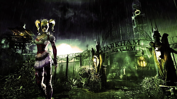 Harley Quinn parado perto de Arkham Asylum papel de parede digital, videogames, Batman: Arkham Asylum, Harley Quinn, HD papel de parede