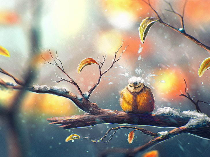 yellow and brown bird illustration, selective focus photography of brown bird on brown tree branch, drawing, nature, animals, winter, snow, Sylar, birds, leaves, fall, titmouse, HD wallpaper