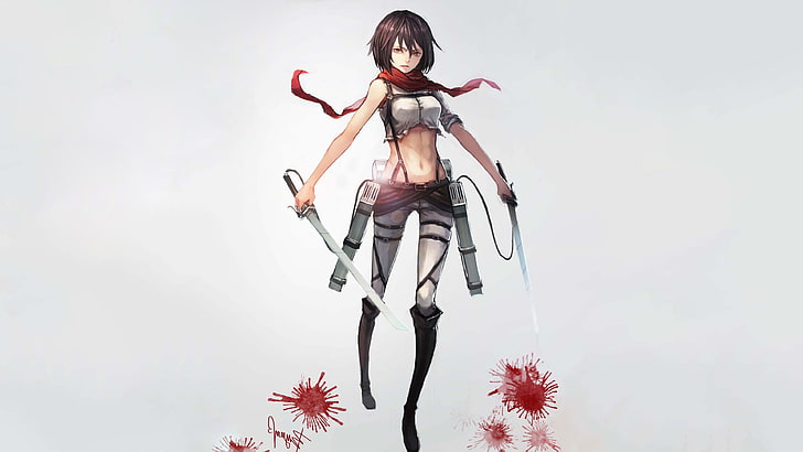 สาวอนิเมะพื้นหลังสีเทา Mikasa Ackerman อนิเมะเซ็กซี่ Shingeki No Kyojin อาวุธ, วอลล์เปเปอร์ HD