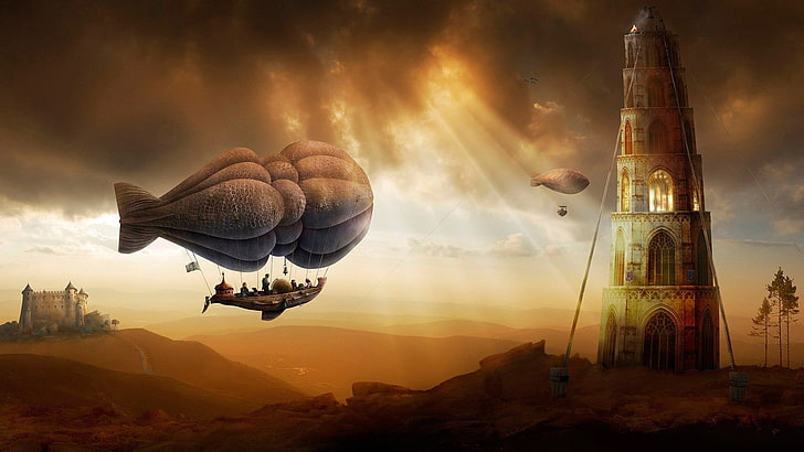 airshift balloon near castle painting, digital art, fantasy art, nature, painting, Zeppelin, people, trees, tower, castle, hills, clouds, sun rays, landscape, ropes, hot air balloons, airships, flying, HD wallpaper