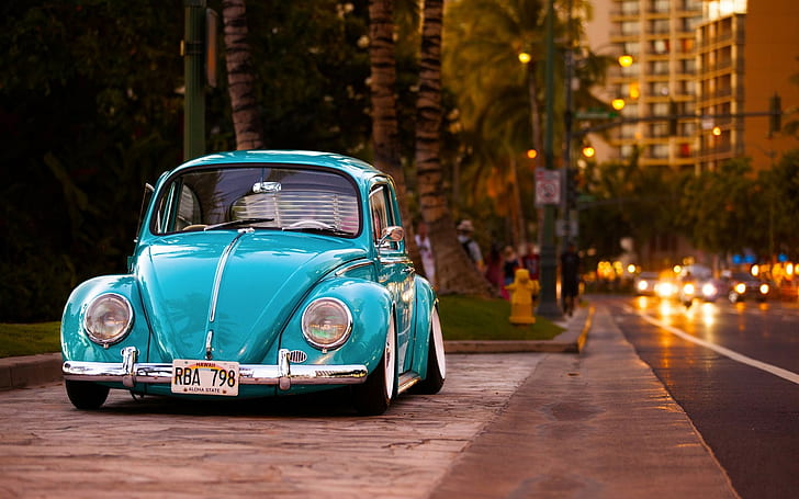vehicle, car, blue cars, Volkswagen, Volkswagen Beetle, street, road, lowrider, palm trees, building, Hawaii, vehicle front, HD wallpaper