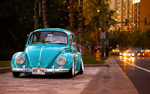 kendaraan, mobil, mobil biru, Volkswagen, Volkswagen Beetle, jalan, jalan, lowrider, pohon-pohon palem, bangunan, Hawaii, depan kendaraan, Wallpaper HD HD wallpaper