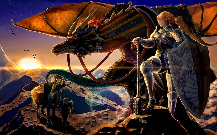 Ilustración de dragón y mujer, montañas, armas, dragón, niñas, armaduras, guerreros, Fondo de pantalla HD