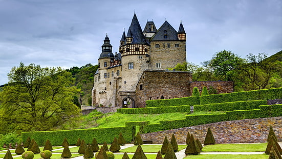 قلعة خرسانية رمادية ، هندسة معمارية ، قلعة ، طبيعة ، أشجار ، عشب ، غيوم ، ألمانيا ، برج ، بوابات ، حديقة ، حجارة ، غابة، خلفية HD HD wallpaper