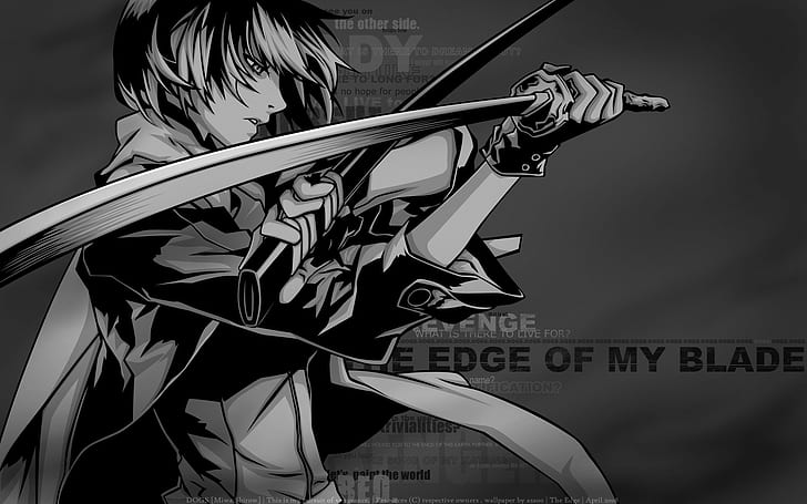 pedang, gadis anime, Anjing: Bullets and Carnage, Fuyumine Naoto, monochrome, tipografi, pendekar, Wallpaper HD