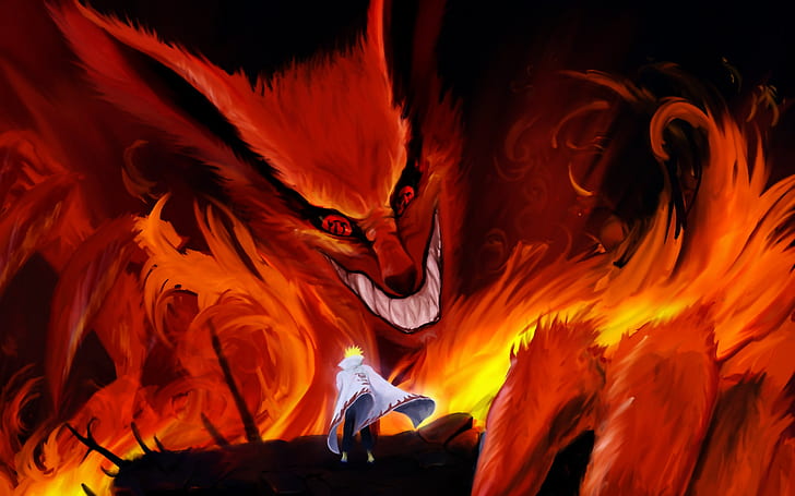 Kyuubi Naruto, naruto dokuz kuyruklu tilki, namikaze minato, sırıtma, sharingan, yangın, alev, HD masaüstü duvar kağıdı