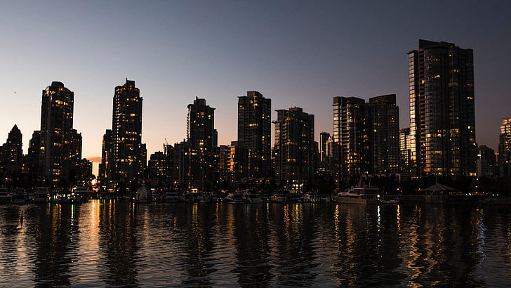 Cityscape, sungai, pencakar langit, refleksi, Vancouver, Kanada, air, Wallpaper HD