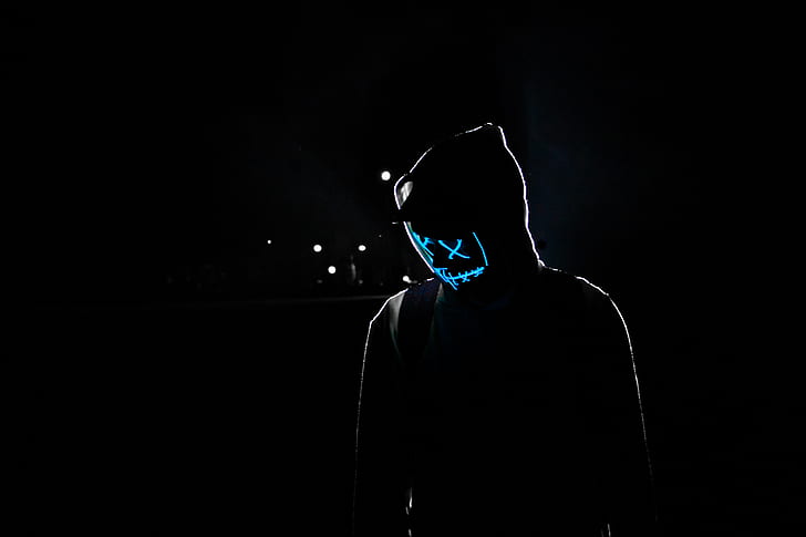 man, hood, mask, neon, glow, HD wallpaper