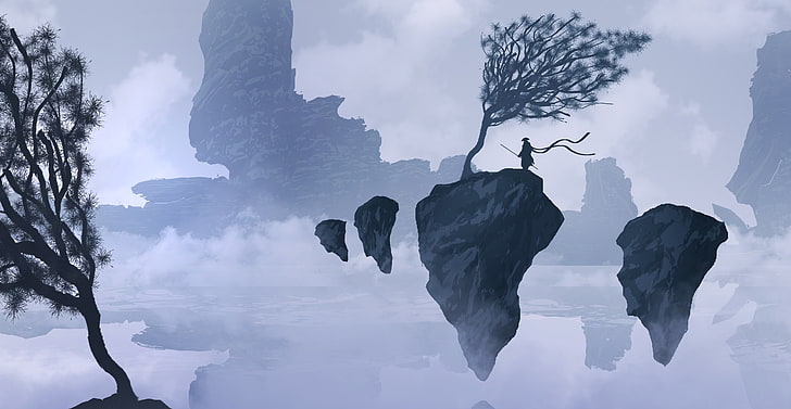 siluet pohon telanjang, seni fantasi, gunung, kabut, samurai, mengambang, batu, siluet, Wallpaper HD