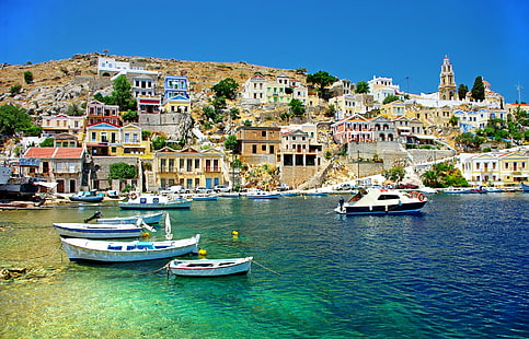 barcos, cidades, corfu, grécia, casas, mar, HD papel de parede HD wallpaper