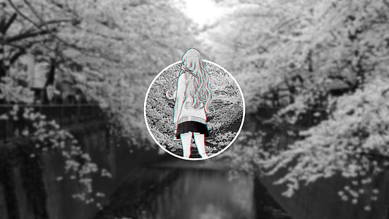 Anime Girls, Natur, verschwommen, Glitch Art, Monochrom, Anime, HD-Hintergrundbild HD wallpaper