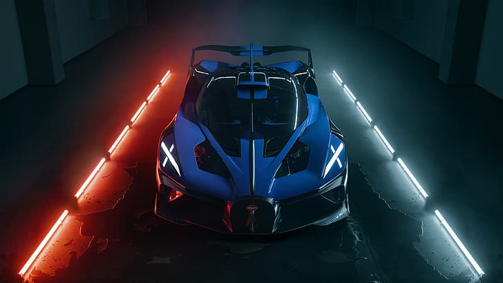 Bugatti Bolide, Bugatti, mobil, kendaraan, supercar, mobil biru, cahaya redup, Wallpaper HD