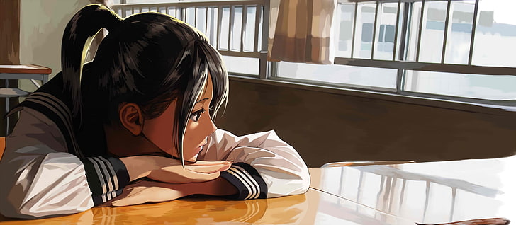 anime girl, vue de profil, salle de classe, écolière, cheveux noirs, contemplation, Anime, Fond d'écran HD