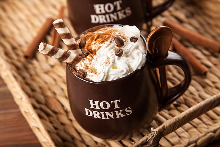 coffee, chocolate, cream, Cup, hot, cinnamon, drink, latte, chocalate, HD wallpaper