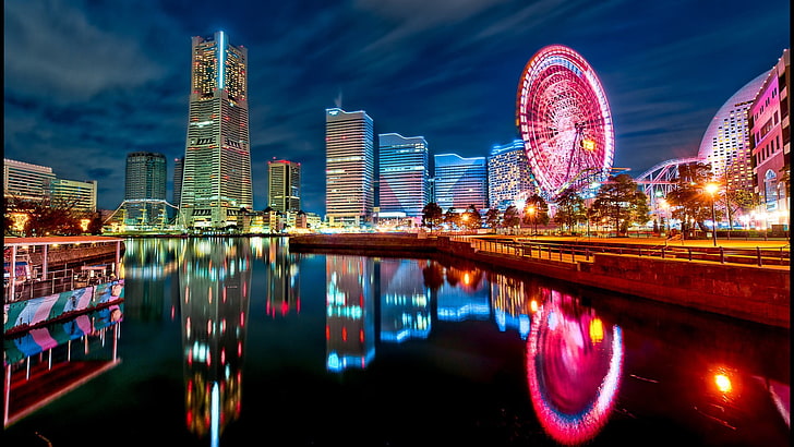 water reflection of London Eye, city, ferris wheel, reflection, skyscraper, city lights, Tokyo, Japan, HD wallpaper