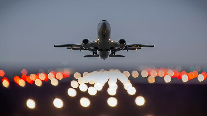 Aircraft takeoff, aircraft, takeoff, lights, HD wallpaper