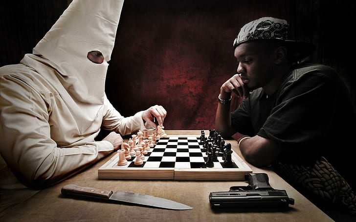 チェス-黒と白、ナイフ、チェス、面白い、黒人男性、3 dおよび抽象、 HDデスクトップの壁紙