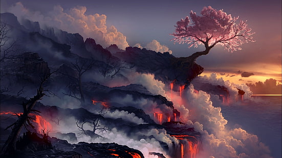 Закат пейзажи Вишни в цвету деревья Морские вулканы Лава дым Скалы Рисунки произведений искусства 1920x1080 Природа Закаты HD Искусство, закат, пейзажи, HD обои HD wallpaper