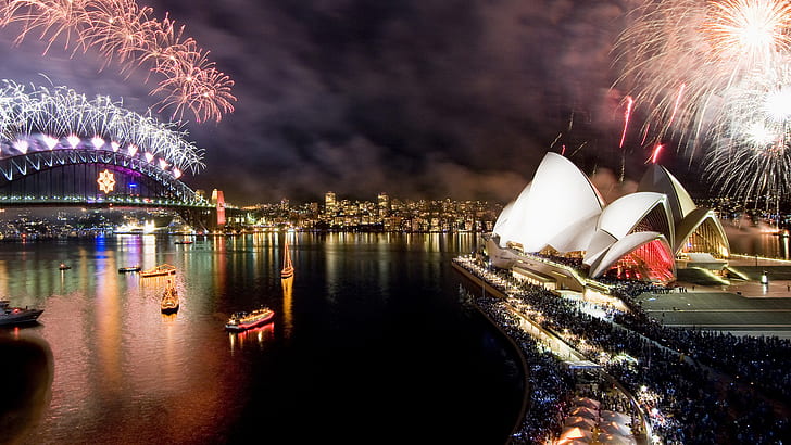 Fuochi d'artificio di felice anno nuovo Natale a Sydney Opera House Australia Desktop HD Wallpaper per tablet PC e cellulare 1920 × 1080, Sfondo HD