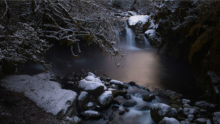 Анкета за водопади през зимата, снимка със закъснение, дървета, водопади, зима, скали, басейн, природа и пейзажи, HD тапет