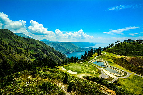 montagne verte, montagnes, lac, Indonésie, panorama, Sumatra, lac Toba, Fond d'écran HD HD wallpaper