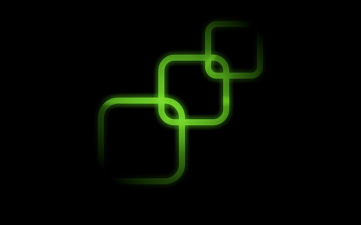 logotipo de tres cajas verdes, minimalismo, fondo negro, verde, cuadrado, Fondo de pantalla HD