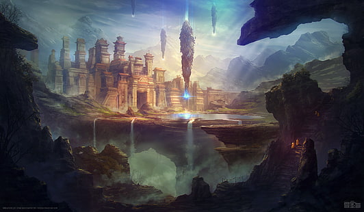 castle game wallpaper, house with body of flowing water graphic wallpaper, artwork, fantasy art, ruin, spaceship, nature, Byzwa Dher, digital art, waterfall, rock formation, mountains, futuristic, temple, rock, cave, trees, lights, sun rays, Asian architecture, lake, fantasy city, HD wallpaper HD wallpaper
