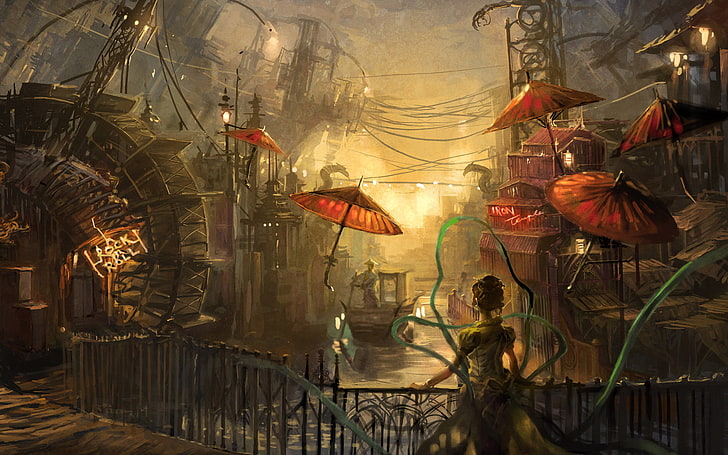 parapluies marron près de pont papier peint, femme debout sur la clôture en face de l'affiche des parapluies rouges, oeuvre d'art, art fantastique, ville fantastique, paysage urbain, Asie, Fond d'écran HD