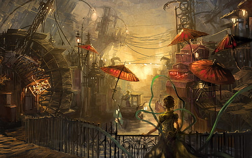 коричневые зонтики возле моста обои, женщина стоит на заборе перед плакатом красные зонтики, произведения искусства, фэнтези-арт, фэнтези-сити, городской пейзаж, азия, HD обои HD wallpaper
