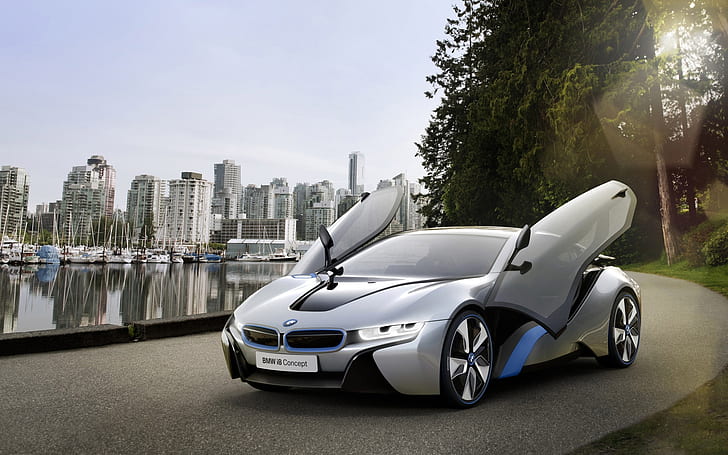 Portes ouvertes BMW i8, voiture de sport BMW argent, coucher de soleil, BMW i8 Concept, BMW Concept, BMW Concept Car, Fond d'écran HD