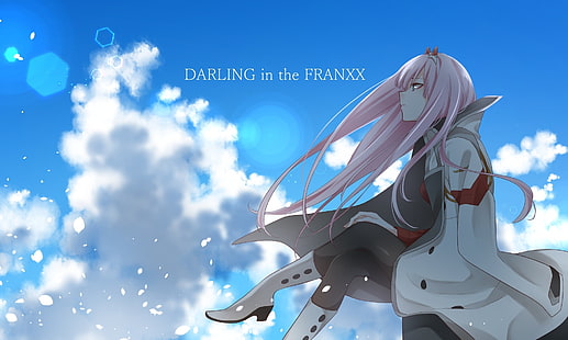 darling in the franxx, zero two, pink hair, clouds, profile view, coat, Anime, HD wallpaper HD wallpaper